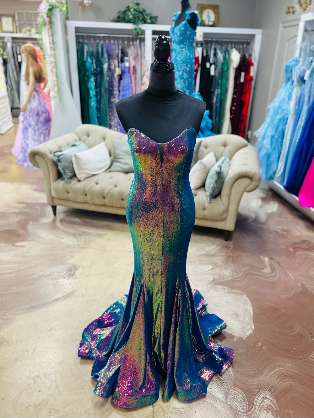Rainbow Sequin Mermaid Prom Dress - Strapless